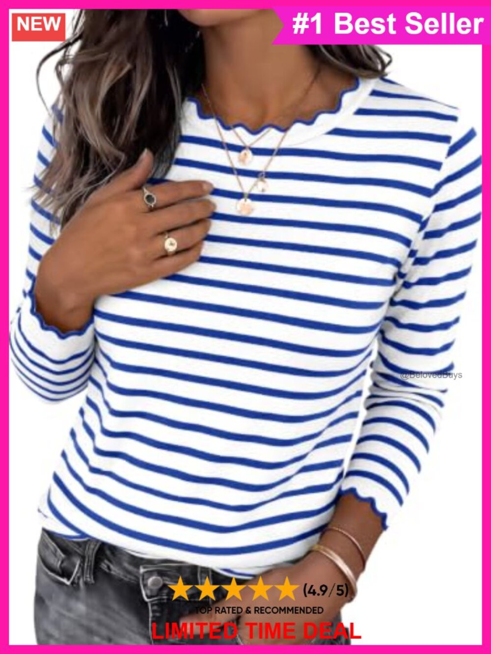 Womens Long Sleeve Striped Scalloped Tunic Top Casual Cotton Blend